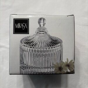 NEW Mikasa Glass Diamond Fire Covered Canister 4.5" Dish Bowl Trinket Dish